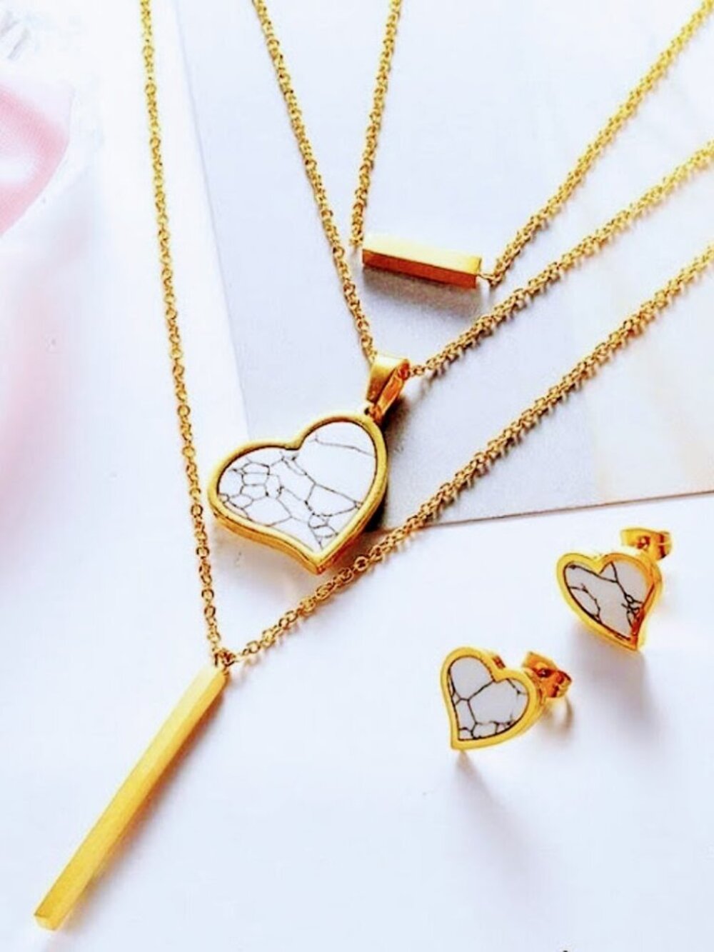 HEART 3 Chains Necklace Set Stainless Steel